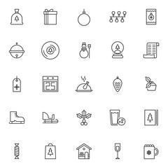 Merry Christmas holiday outline icons set. linear style symbols collection, line signs pack. vector graphics. Set includes icons as bag, gift , tree bauble decoration, Vinyl record, Snowman, turkey 