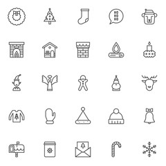 Christmas elements outline icons set. linear style symbols collection, line signs pack. vector graphics. Set includes icons as pine tree, wreath decoration, socks, fireplace, chimney, candle, angel
