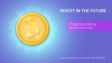 Advertisement of virtual currency Bitcoin. Icon of money, golden digital coin. Design of banner with technology crypto currency. Ready for print on cover, leaflets, using in presentations