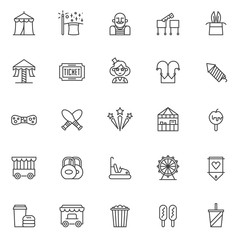 Fototapeta premium Circus outline icons set. linear style symbols collection, line signs pack. vector graphics. Set includes icons as circus tent, Magic wand and hat, Carousel, Joker, Ferris wheel, Juggling skittles