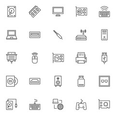 Computer components outline icons set. linear style symbols collection, line signs pack. vector graphics. Set includes icons as HDD, Ram memory, monitor, sound card, keyboard, Laptop, PC case, router