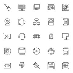 Computer device elements outline icons set. linear style symbols collection, line signs pack. vector graphics. Set includes icons as Database server, Desktop computer, Webcam, Wireless usb stick, SSD