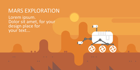 Mars exploration. Vector illustration of Mars planet landscape and space exploration machine. Flat style. © bukhavets