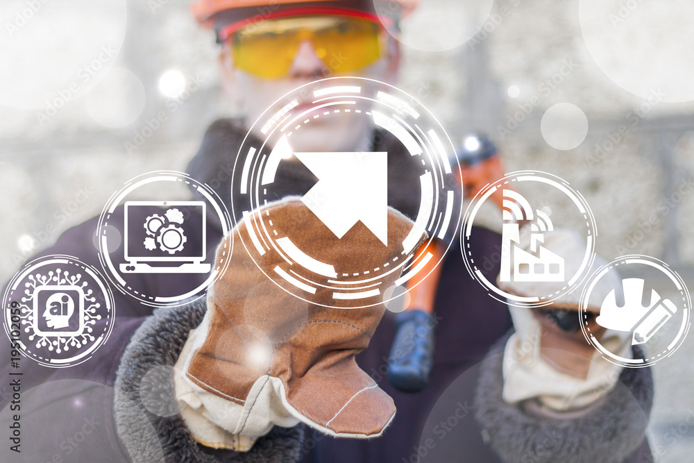 Poster industrial engineer pressing arrow button on a virtual interface. industry 4.0. modern information t