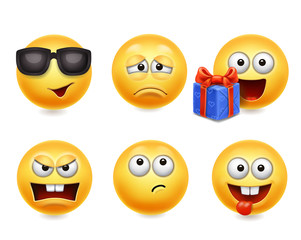 Smiley face icons. Funny faces 3d set, Cute yellow facial expressions collection 4