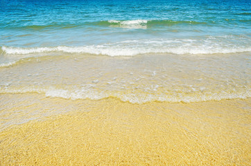 beautiful beach with blue sky, sand sun daylight, holiday summer concept