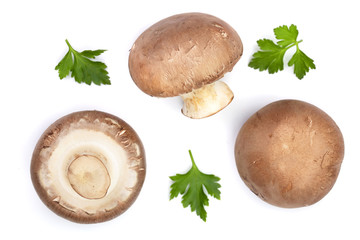 Fresh champignon mushrooms with parsley isolated on white background. Top view. Flat lay