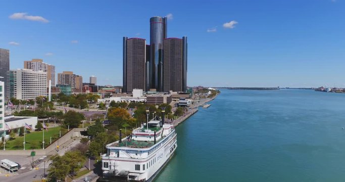 Detroit Waterfront Skyline Aerial Day 1