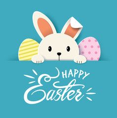 Happy Easter greeting card with cute little bunny and lettering design