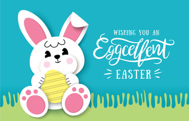 Obraz na płótnie Canvas Happy Easter greeting card with cute little bunny and lettering design