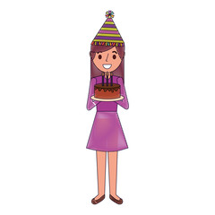 woman with party hat holding birthday cake
