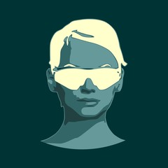 Portrait of beautiful woman in black sunglasses. Short hair. Front view