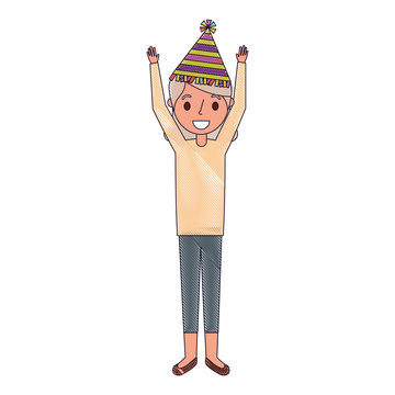 elderly woman grandma with party hat and arms up