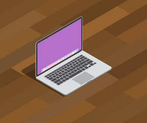 isometric laptop notebook 3d style on top of wooden table with shadow