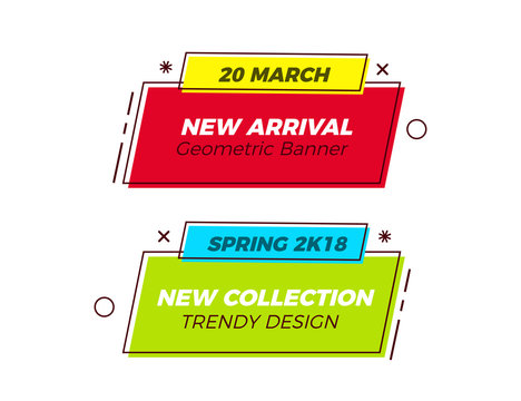Set of geometric trendy banners with vivid colors and thin line retro shapes. Fun vector design for sales and marketing. Easy to replace text with anything you like
