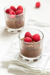 Chocolate dessert with raspberries