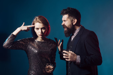 Quarrel and relations concept. Couple quarreled at corporate party.