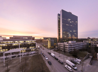 Aerial of Business Skyscrapers during sunrise