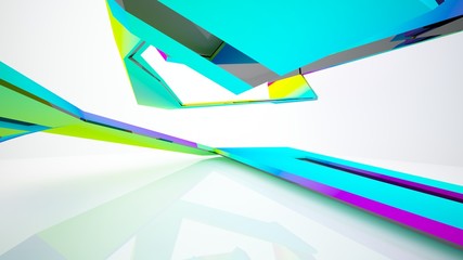 Abstract white and colored gradient  interior multilevel public space with window. 3D illustration and rendering.