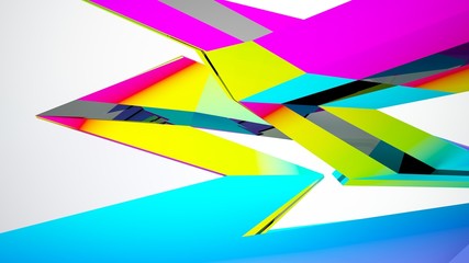 Abstract white and colored gradient  interior multilevel public space with window. 3D illustration and rendering.