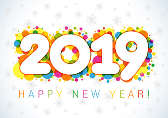 2019 Happy New Year xmas greetings. light snowy winter background, milti colored confetti, snowflakes and bubbles, isolated bright white numbers, celebrating congratulating vector template.