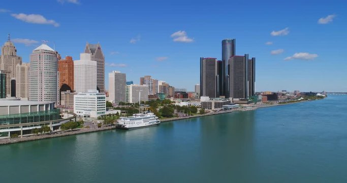 Detroit Waterfront Skyline Aerial Day 4