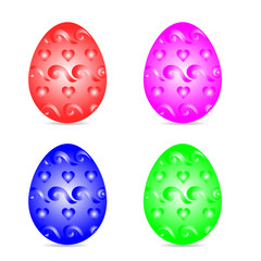 Multicolored easter eggs decorated in pattern hearts, cartoon on white background,