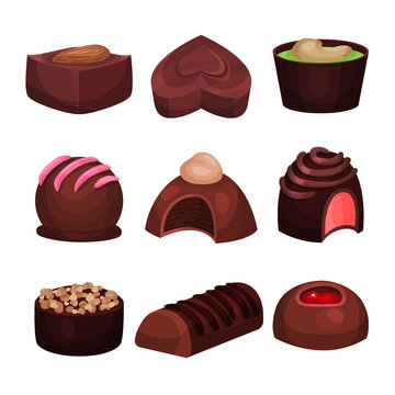 Collection of chocolate candies of various shapes. Sweets with different filling. Tender souffle. Delicious truffle. Tasty confectionery products. Detailed vector icons