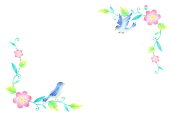 青い鳥と草花　フレーム　大