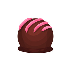 Chocolate candy in form of ball with pink icing. Delicious truffle. Sweet dessert for tea or coffee break. Tasty confectionery product. Detailed vector illustration