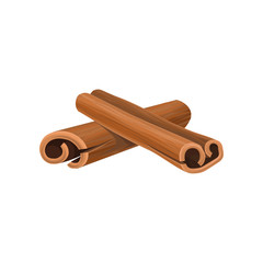 Icon of two rolled cinnamon sticks. Cooking ingredient. Aromatic condiment for dishes. Culinary theme. Decorative element for poster with tea. Detailed vector icon