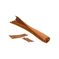 Stick and little pieces of cinnamon. Aromatic seasoning. Condiment for various dishes. Related to culinary theme. Detailed vector element for cafe menu or recipe book