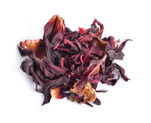 Dry hibiscus tea. Isolated on white background.