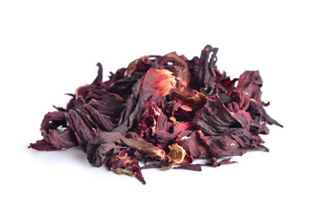 Dry hibiscus tea. Isolated on white background.