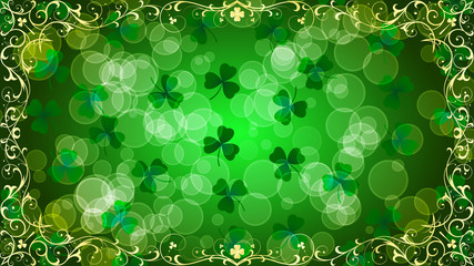 Green bokeh background with decorative golden frame.