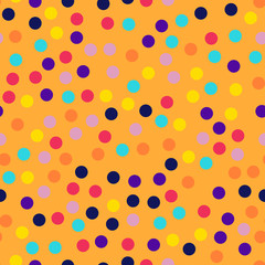 Memphis style polka dots seamless pattern on orange background. Wondrous modern memphis polka dots creative pattern. Bright scattered confetti fall chaotic decor. Vector illustration.