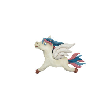 Plasticine flying horse pegasus sculpture 3D rendering isolated on white background
