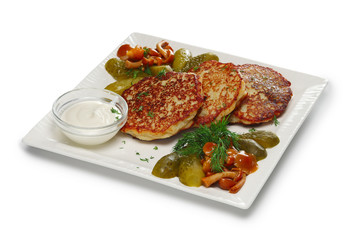 Layout for menu. Draniki, traditional russian potato pancakes with pickled vegetables
