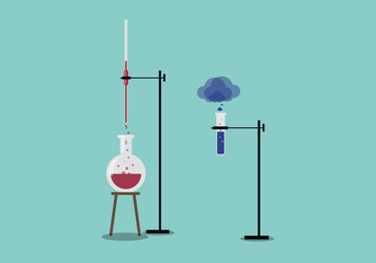 burette is attached to stand acid is pouring burette to flask and testtube is attached to stand acid is evoparating