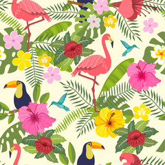 set of tropical flowers of leaves and birds