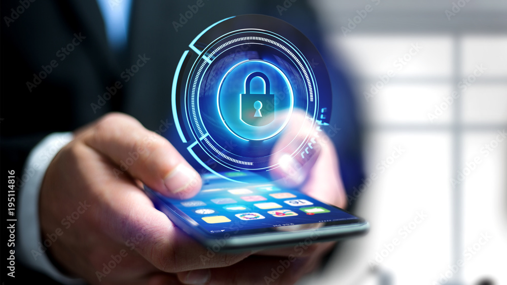 Poster businessman using a smartphone with a shinny technologic locker security button - 3d render