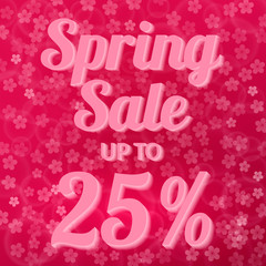 Spring sale banner 25% discount sign on hot pink background with bokeh and cherry blossom flowers confetti. Easy to edit vector design template.