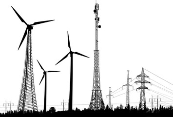 three wind power generator and electric line silhouettes in forest isolated on white
