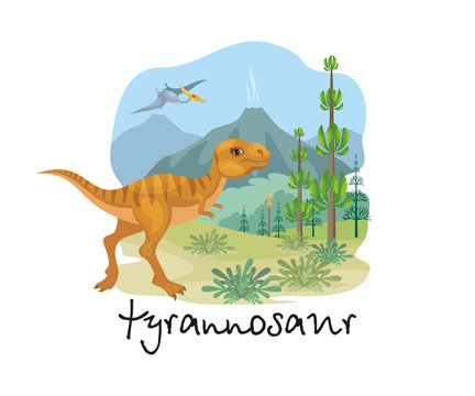 The image of a dinosaur against the background of a prehistoric landscape. Colorful vector illustration.