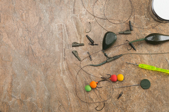 Baits, hooks, sinkers, ledcor is preparing for carp fishing. Copy paste
