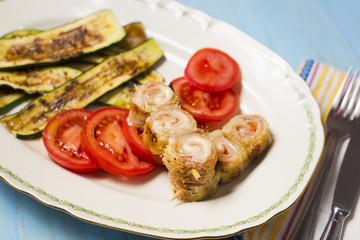 Spiedini of pork meat and cheese on skewer