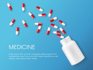 Vector realistic pills and capsules banner. Medicines, tablets, capsules, drug of painkillers, antibiotics, vitamins and small bottle. Health care medical and vector illustration.
