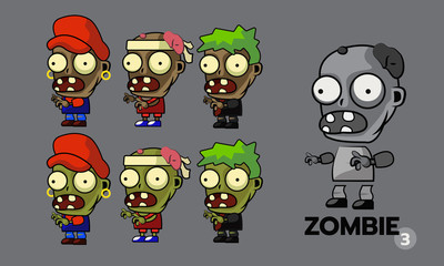 Zombie character cartoon style sprites set, runner, business man, repairman concept. Asset for create animation and shooter, action and adventure video game. Vector illustration