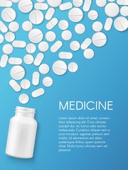 Vector realistic pills and capsules banner. Medicines, tablets, capsules, drug of painkillers, antibiotics, vitamins and small bottle. Health care medical and vector illustration.