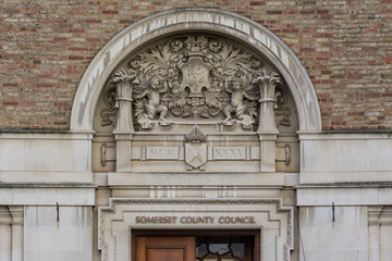 Decorative Arch above Main Entrance to Taunton County Hall, Bas-relief Shallow Depth of Field